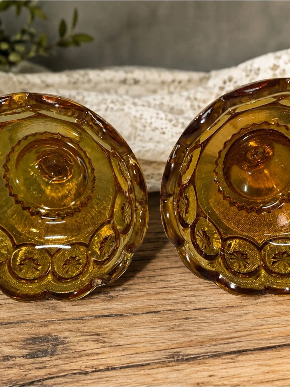 Pair Vintage Amber Glass Candle Holders Pressed Glass Daisy Button